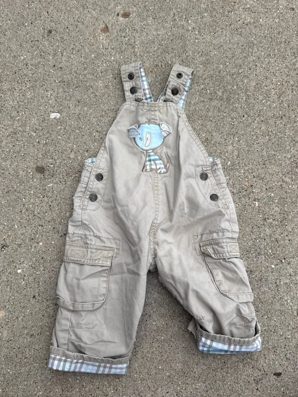 The Children's Place Beige Overalls with Blue Elephant Appliqué